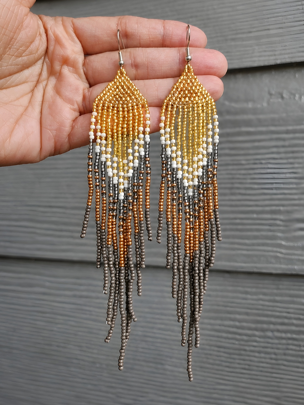 Coffee Ombre Boho Fringe Seed Bead Long Earrings Beaded Jewelry - Brown Gold